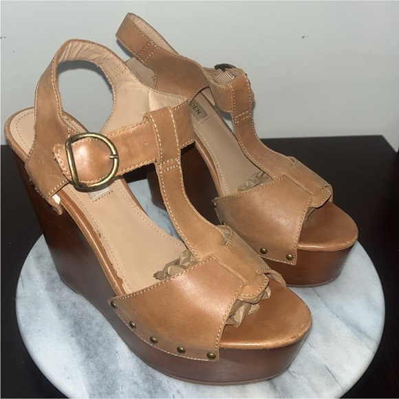 Steve Madden Wyliee Womens T Strap Peep Toe Leather Wedge Sandals Sz 9 - Picture 2 of 12